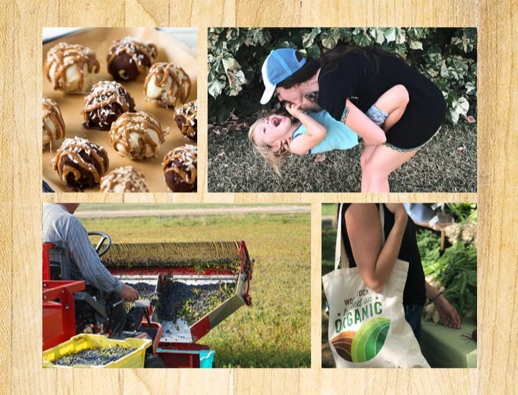 montage candy, mom play with child, farmer harvesting crop, shopper with cloth bag